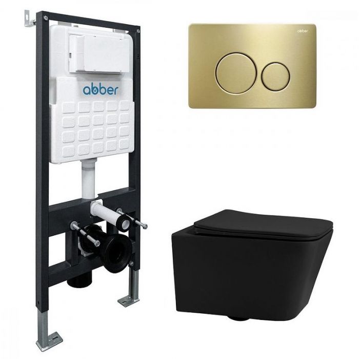 Комплект унитаза Abber Rechteck AC1201MB-AC0105-AC0121MMG с сиденьем Микролифт и клавишей смыва цвет Золото матовое