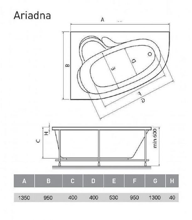Акриловая ванна Relisan Ariadna 135x95 L Гл000001460 без гидромассажа