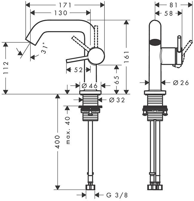 Hansgrohe Tecturis S Смеситель для раковины, на 1 отв., донным клапаном, цвет: черный матовый