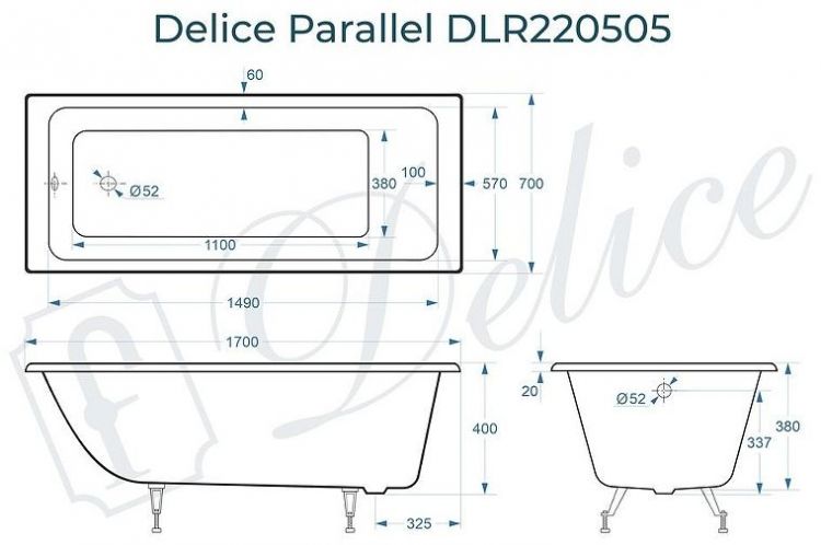 Чугунная ванна Delice Parallel 170х70 DLR220505 без отверстий под ручки и антискользящего покрытия