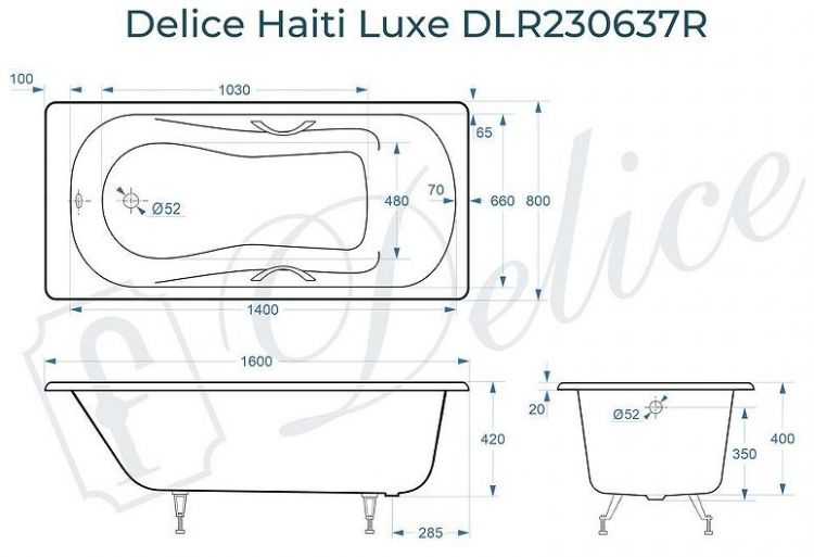 Чугунная ванна Delice Haiti Luxe 160х80 DLR230637R с отверстиями под ручки без антискользящего покрытия