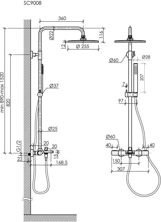 Душевая система с термостатом SANCOS и изливом Etna, вороненая сталь, SC9008GG Душевая система с термостатом SANCOS и изливом Etna, вороненая сталь, SC9008GG