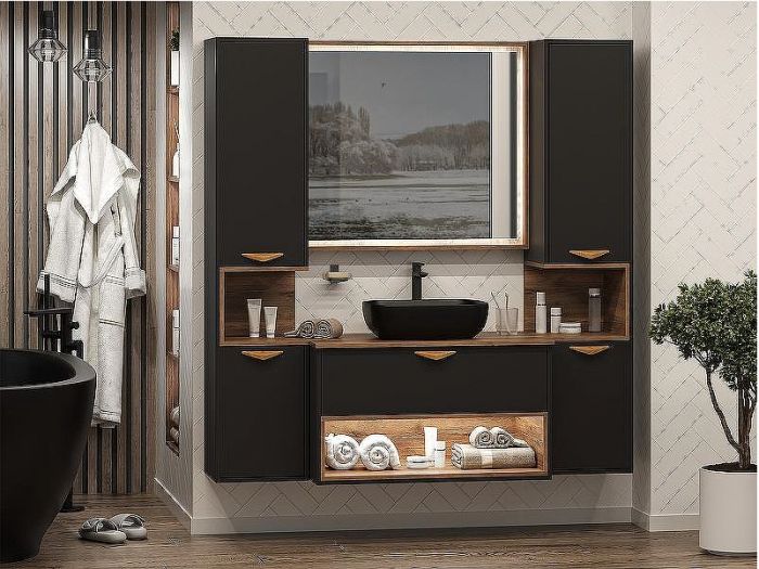 Шкаф пенал Brevita Bergen 35 L BER-05035-02-19-ПоЛ подвесной Черный матовый Дуб Галифакс олово