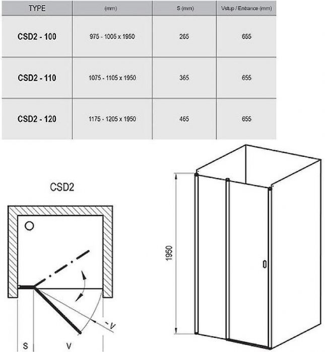 Душевая дверь Ravak Chrome CSD2-100 0QVAC100Z1 профиль Белый стекло Transparent