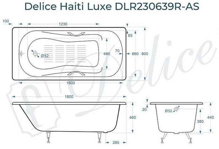Чугунная ванна Delice Haiti Luxe 180х80 DLR230639R-AS с отверстиями под ручки с антискользящим покрытием