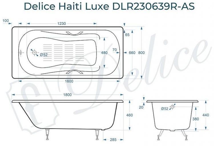 Чугунная ванна Delice Haiti Luxe 180х80 DLR230639R-AS с отверстиями под ручки с антискользящим покрытием
