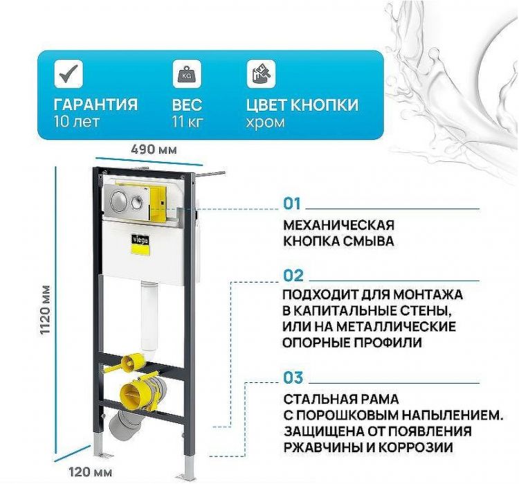 Инсталляция Viega Prevista Dry 792855 для подвесных унитазов с клавишей смыва Хром