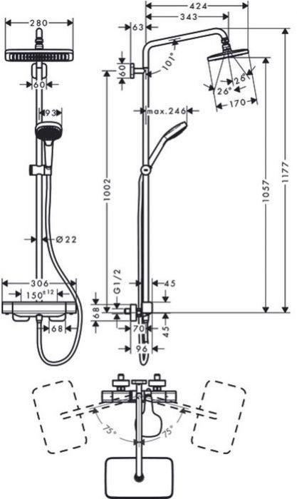 Hansgrohe Croma E 280 1jet Душевая система Showerpipe с термостатом для душа, цвет: хром