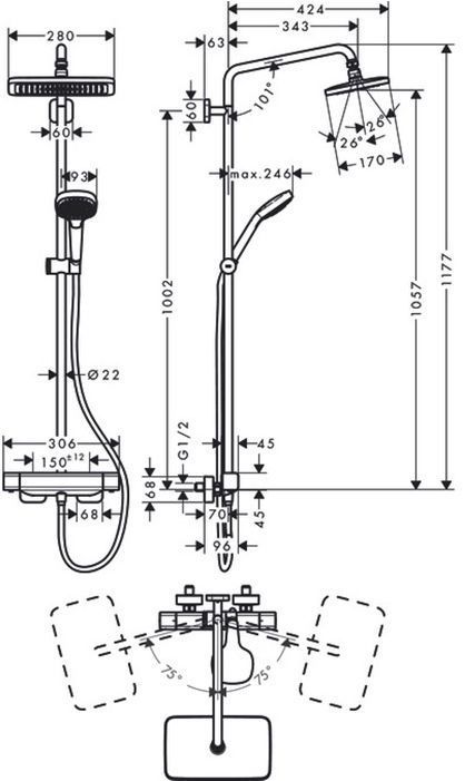 Hansgrohe Croma E 280 1jet Душевая система Showerpipe с термостатом для душа, цвет: хром