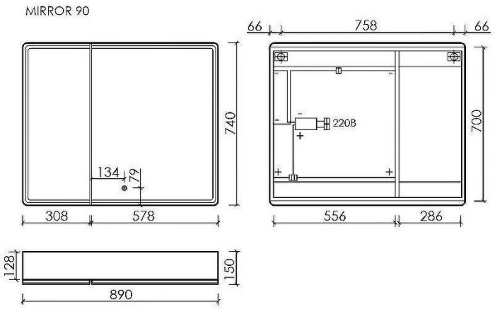 Зеркальный шкаф Sancos Mirror 90 MI90ECH с подсветкой Дуб чарльстон