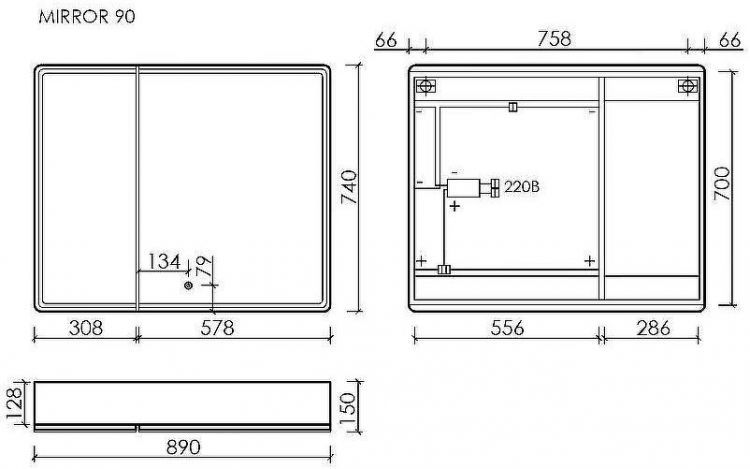 Зеркальный шкаф Sancos Mirror 90 MI90ECH с подсветкой Дуб чарльстон