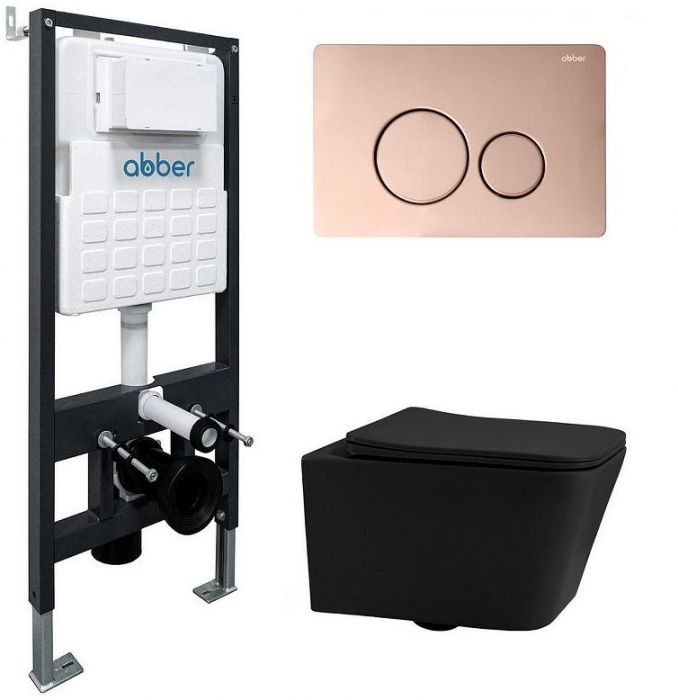 Комплект унитаза Abber Rechteck AC1201MB-AC0105-AC0121RG с сиденьем Микролифт и клавишей смыва цвет Золото розовое